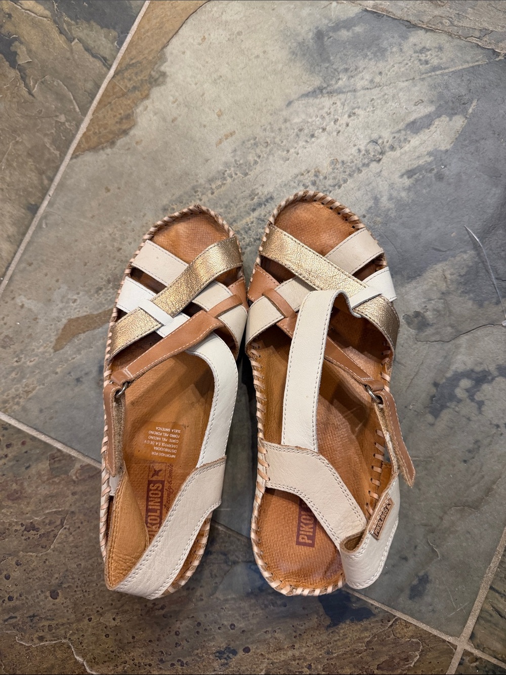 PIKOLINOS Women's Woven Leather Sandals in Cream & Gold-Tan